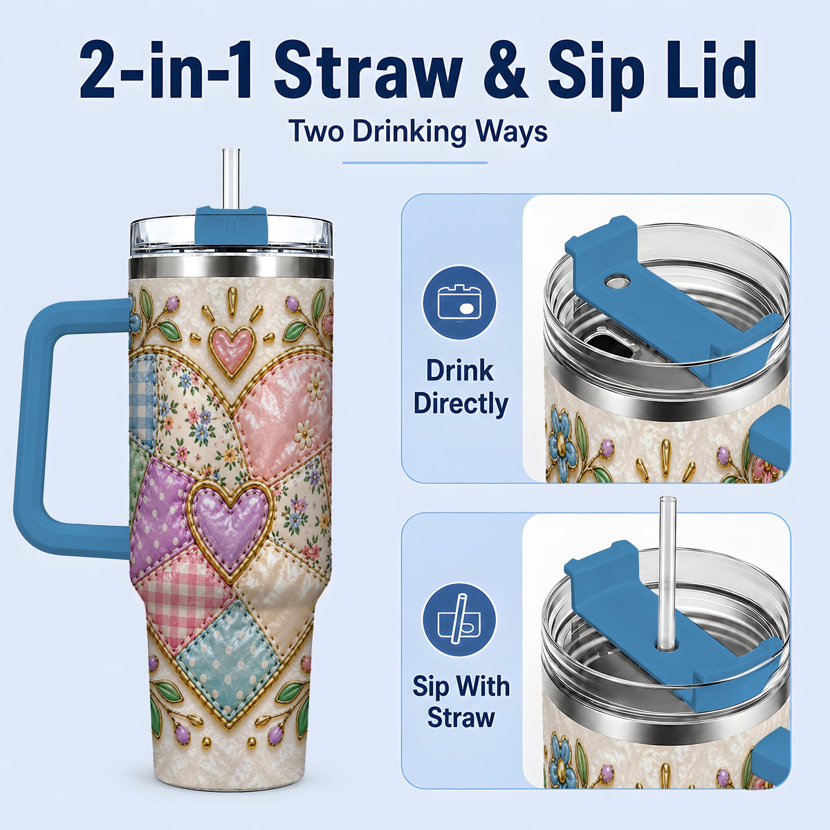 #pl[40oz|Blue] Patchwork Heart 40oz Tumbler with Gingham, Flowers and Quilt Artwork