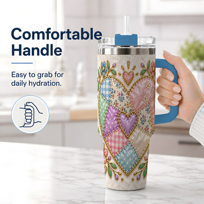 #pl[40oz|Blue] Patchwork Heart 40oz Tumbler with Gingham, Flowers and Quilt Artwork