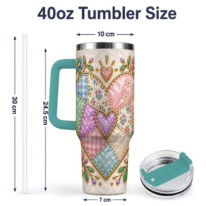 #pl[40oz|Green] Patchwork Heart 40oz Tumbler with Gingham, Flowers and Quilt Artwork