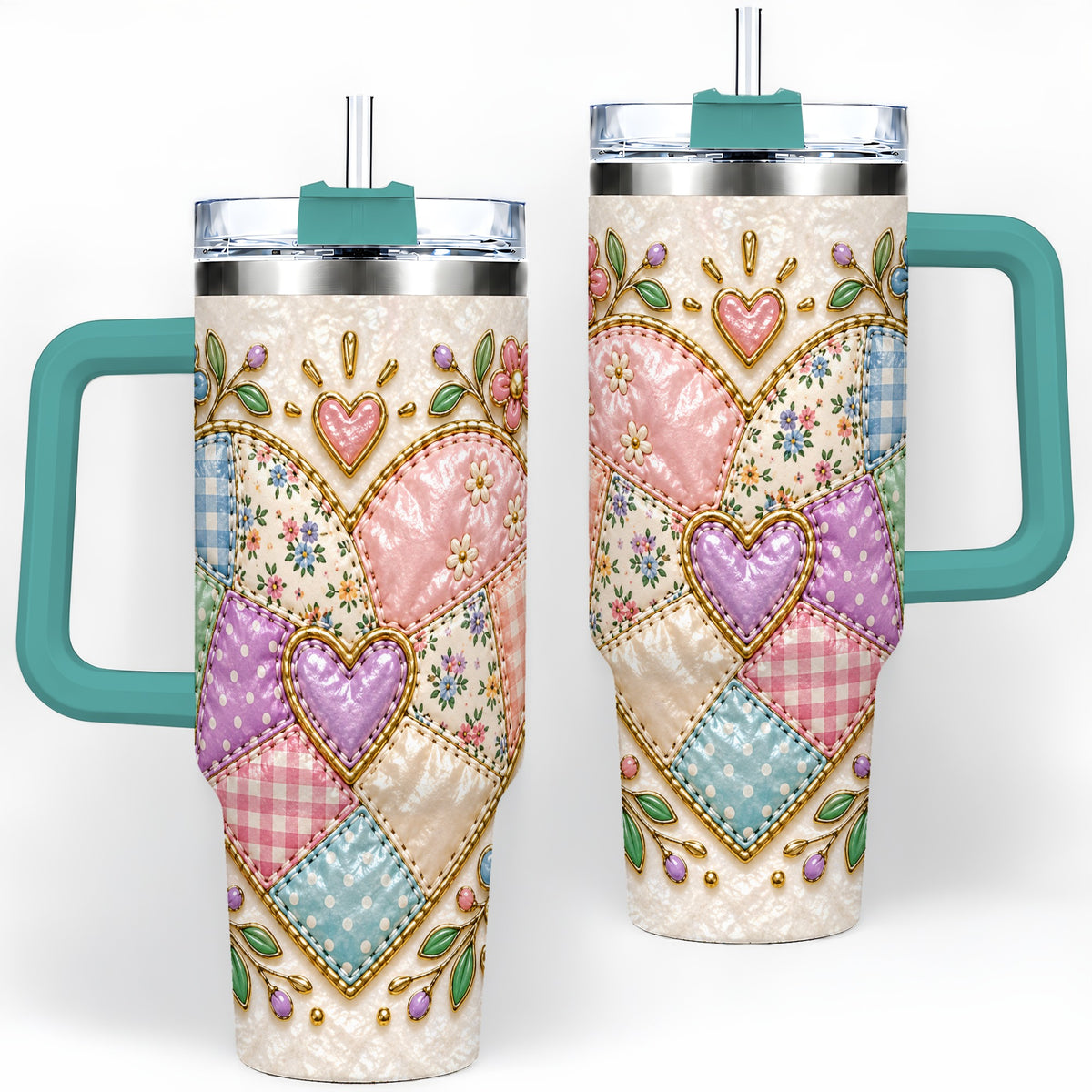 #pl[40oz|Green] Patchwork Heart 40oz Tumbler with Gingham, Flowers and Quilt Artwork