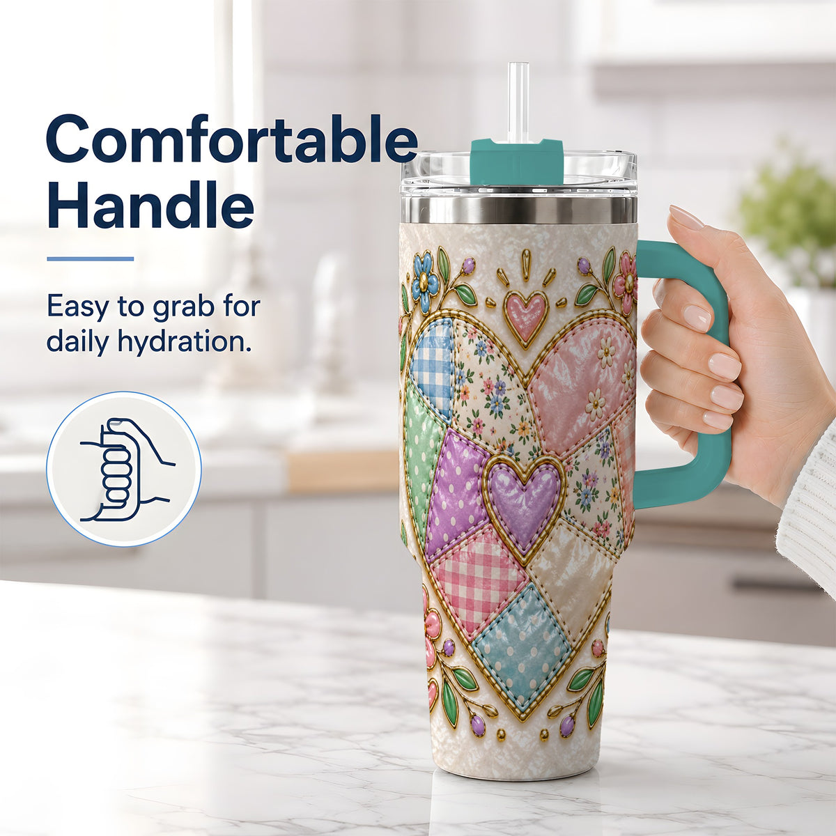 #pl[40oz|Green] Patchwork Heart 40oz Tumbler with Gingham, Flowers and Quilt Artwork