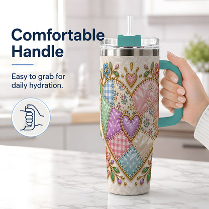 #pl[40oz|Green] Patchwork Heart 40oz Tumbler with Gingham, Flowers and Quilt Artwork