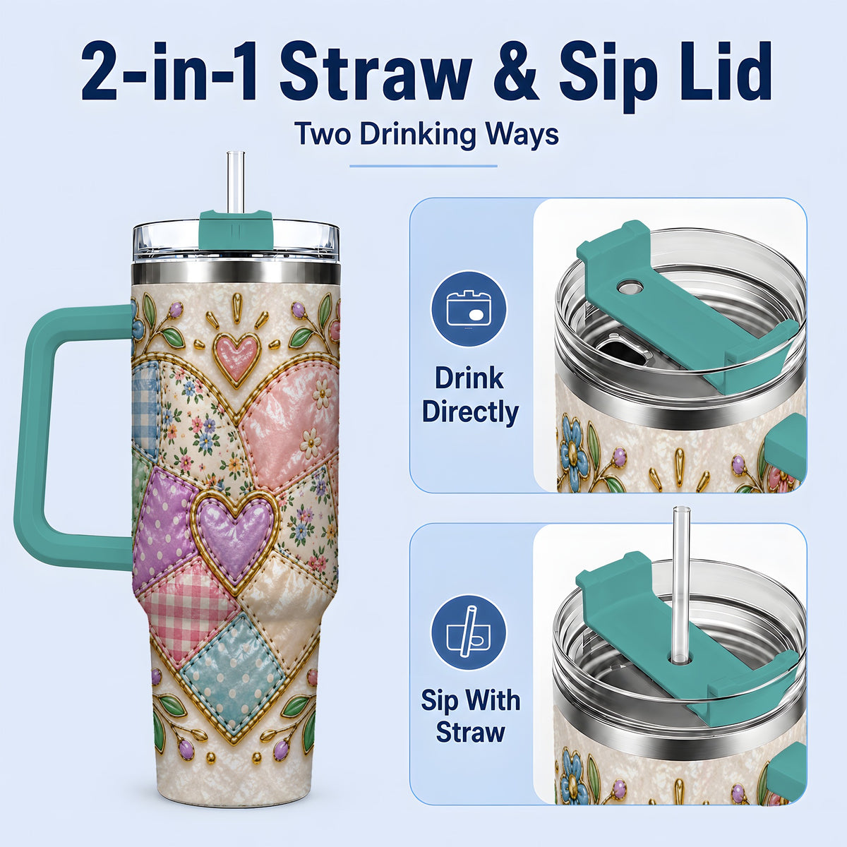 #pl[40oz|Green] Patchwork Heart 40oz Tumbler with Gingham, Flowers and Quilt Artwork