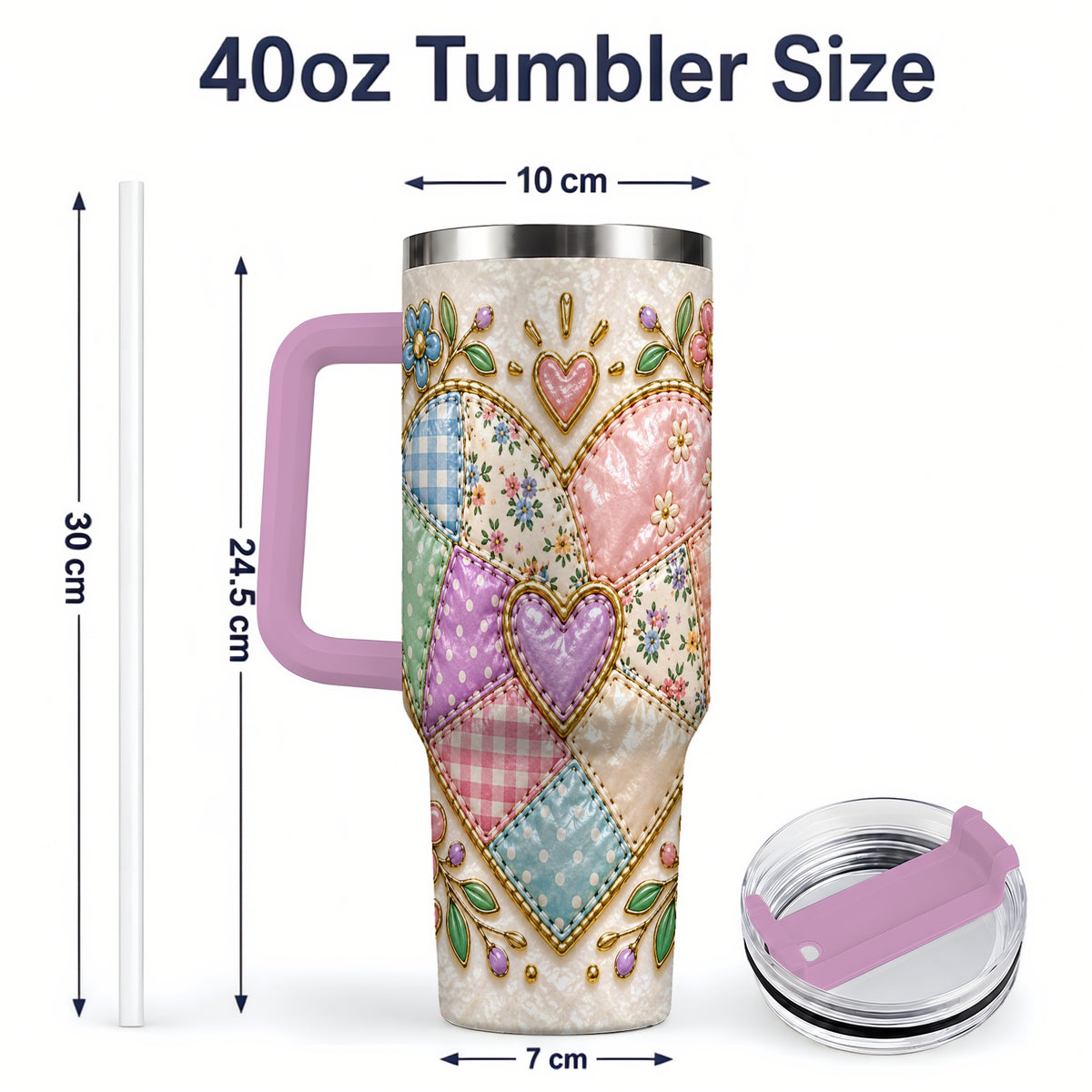 #pl[40oz|Pink] Patchwork Heart 40oz Tumbler with Gingham, Flowers and Quilt Artwork