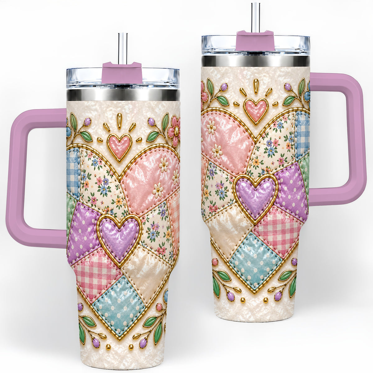 #pl[40oz|Pink] Patchwork Heart 40oz Tumbler with Gingham, Flowers and Quilt Artwork