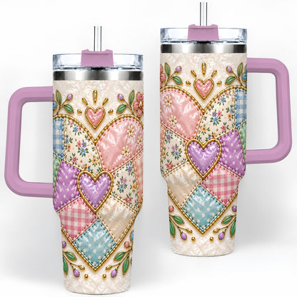 #pl[40oz|Pink] Patchwork Heart 40oz Tumbler with Gingham, Flowers and Quilt Artwork