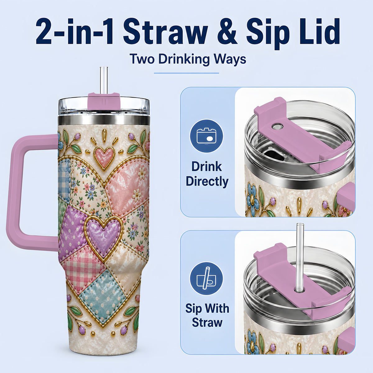 #pl[40oz|Pink] Patchwork Heart 40oz Tumbler with Gingham, Flowers and Quilt Artwork