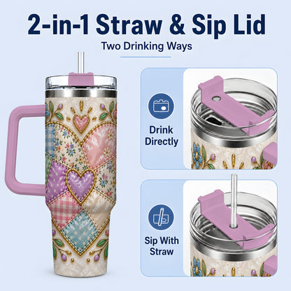 #pl[40oz|Pink] Patchwork Heart 40oz Tumbler with Gingham, Flowers and Quilt Artwork