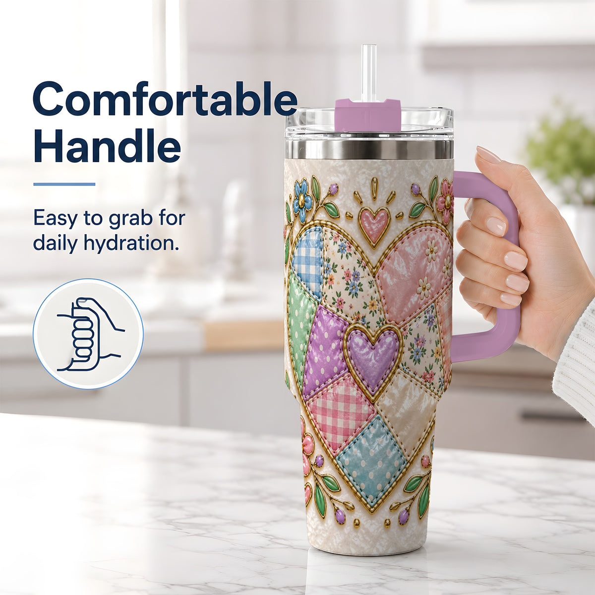 #pl[40oz|Pink] Patchwork Heart 40oz Tumbler with Gingham, Flowers and Quilt Artwork