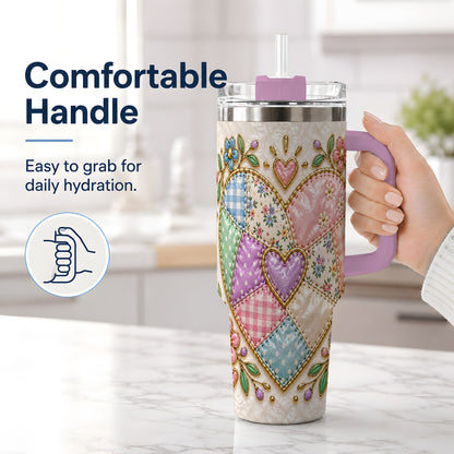 #pl[40oz|Pink] Patchwork Heart 40oz Tumbler with Gingham, Flowers and Quilt Artwork