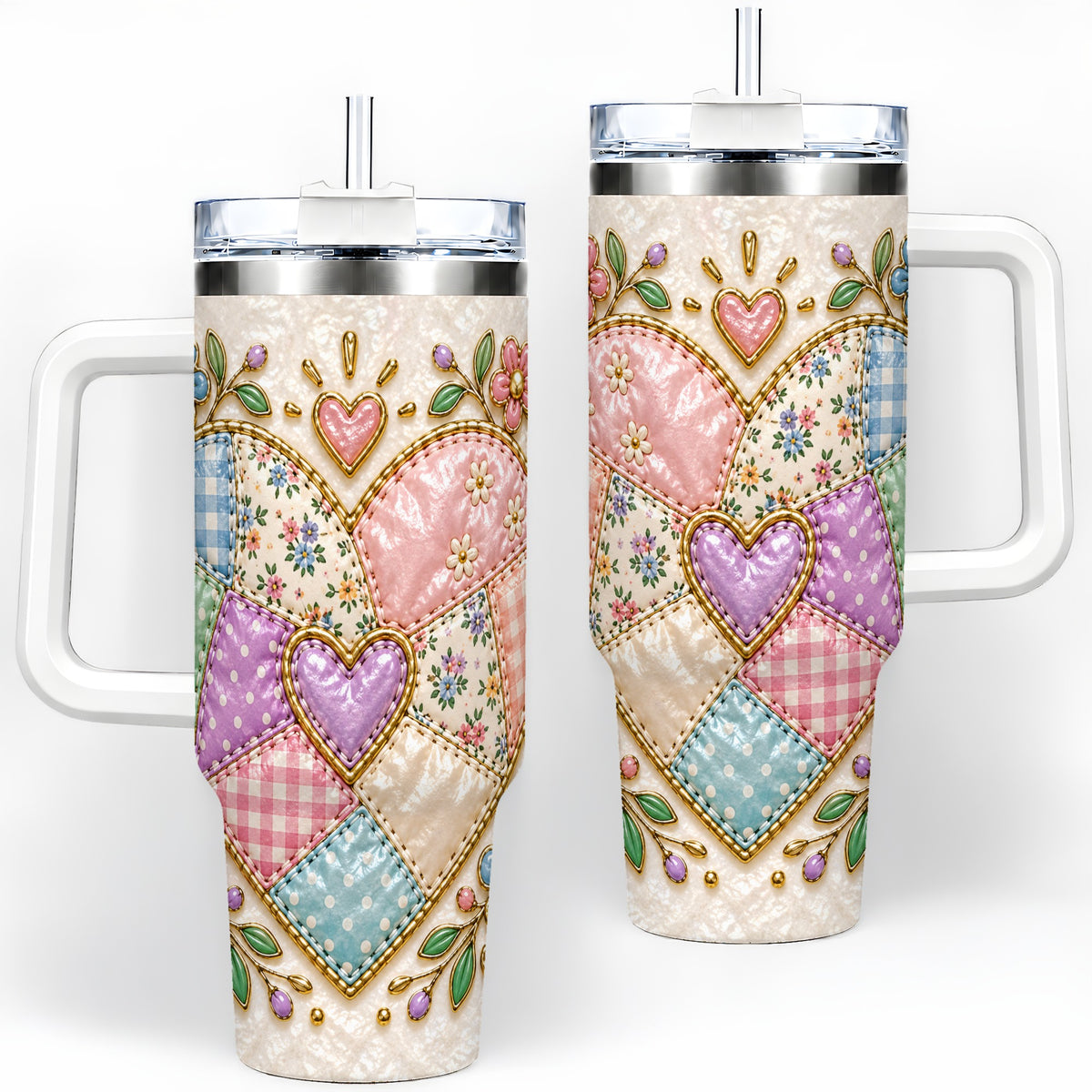 Patchwork Heart 40oz Tumbler with Gingham, Flowers and Quilt Artwork