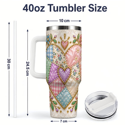 #pl[40oz|White] Patchwork Heart 40oz Tumbler with Gingham, Flowers and Quilt Artwork