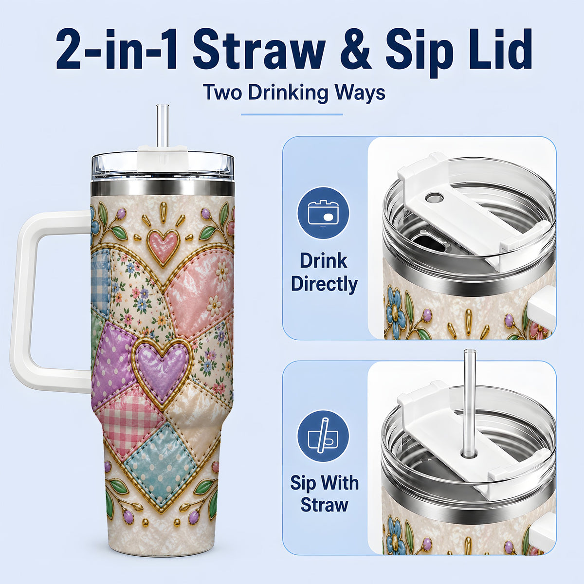 #pl[40oz|White] Patchwork Heart 40oz Tumbler with Gingham, Flowers and Quilt Artwork
