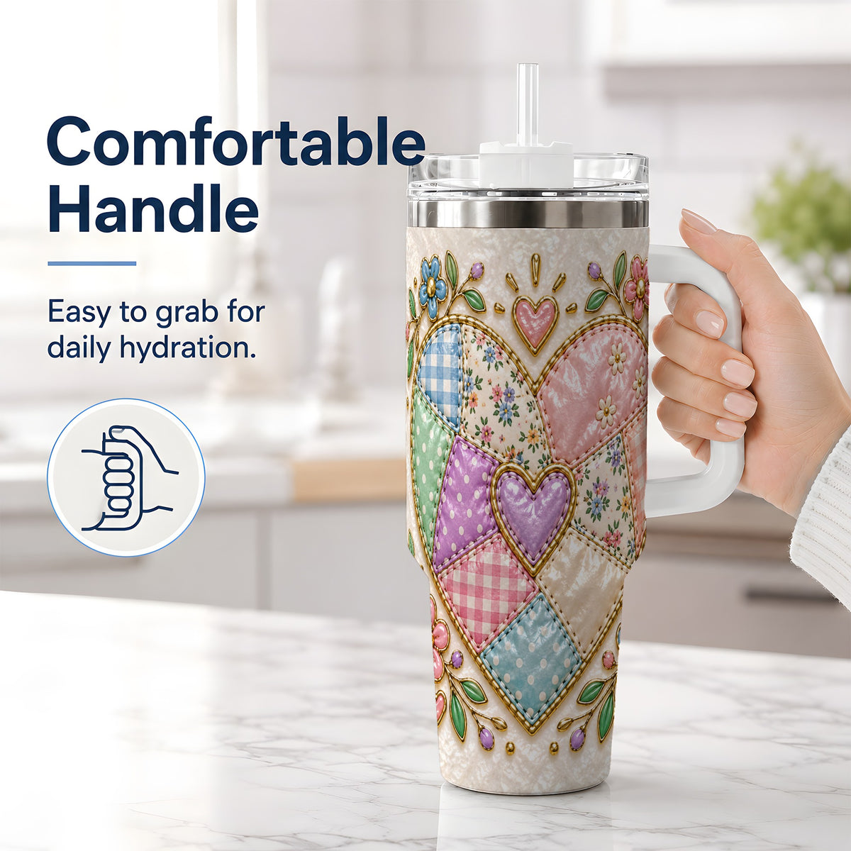 #pl[40oz|White] Patchwork Heart 40oz Tumbler with Gingham, Flowers and Quilt Artwork