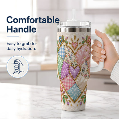 #pl[40oz|White] Patchwork Heart 40oz Tumbler with Gingham, Flowers and Quilt Artwork