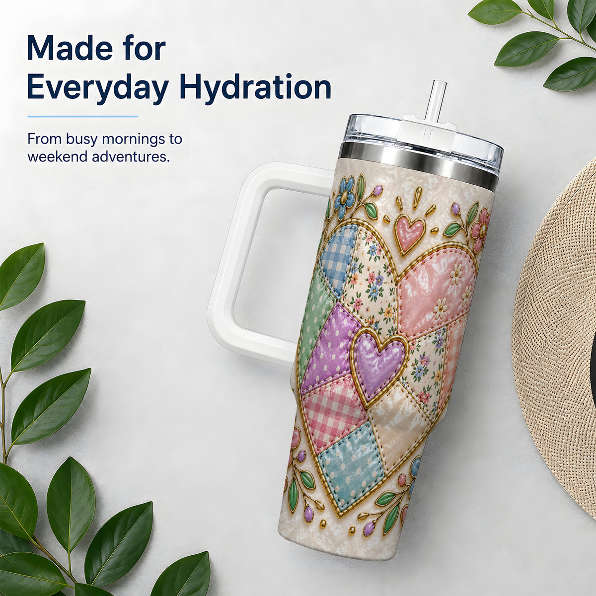 Patchwork Heart 40oz Tumbler with Gingham, Flowers and Quilt Artwork