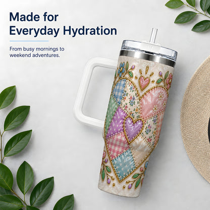 Patchwork Heart 40oz Tumbler with Gingham, Flowers and Quilt Artwork
