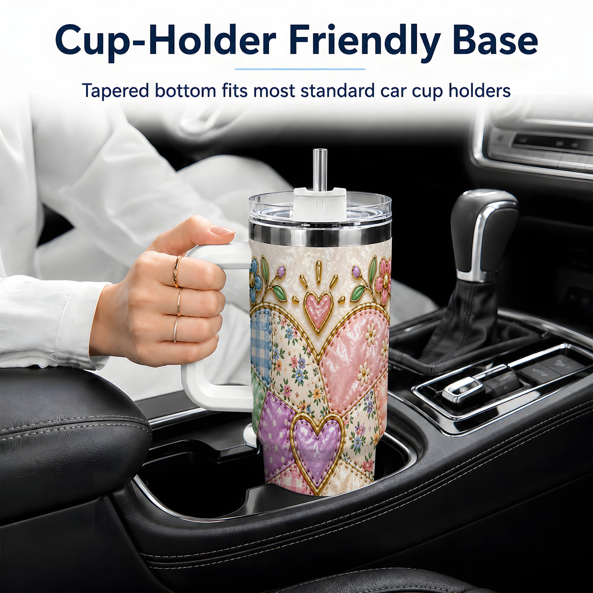 Patchwork Heart 40oz Tumbler with Gingham, Flowers and Quilt Artwork