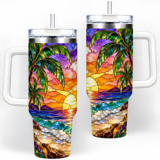 Tropical Sunset 40oz Tumbler with Palm Tree Stained Glass Art