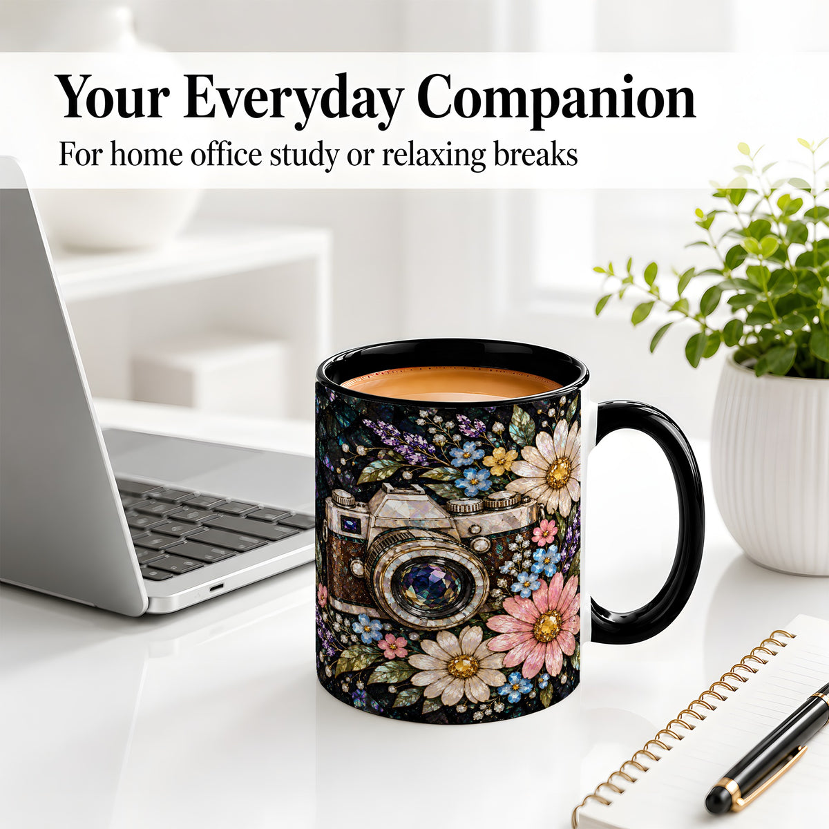 #pl[11oz|Black] Floral Camera Ceramic Mug with Vintage Mosaic Flower Artwork