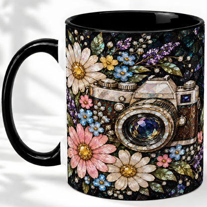 #pl[11oz|Black] Floral Camera Ceramic Mug with Vintage Mosaic Flower Artwork
