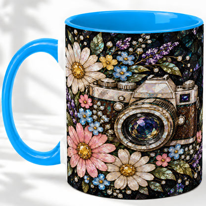 #pl[11oz|Blue] Floral Camera Ceramic Mug with Vintage Mosaic Flower Artwork