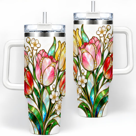 Stained Glass Tulip 40oz Tumbler with Colorful Floral Artwork