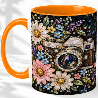 #pl[11oz|Orange] Floral Camera Ceramic Mug with Vintage Mosaic Flower Artwork