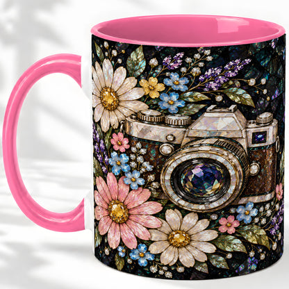 #pl[11oz|Pink] Floral Camera Ceramic Mug with Vintage Mosaic Flower Artwork