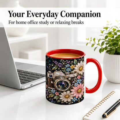 #pl[11oz|Red] Floral Camera Ceramic Mug with Vintage Mosaic Flower Artwork
