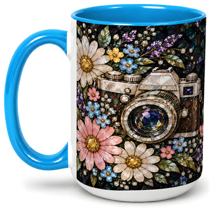 #pl[15oz|Blue] Floral Camera Ceramic Mug with Vintage Mosaic Flower Artwork