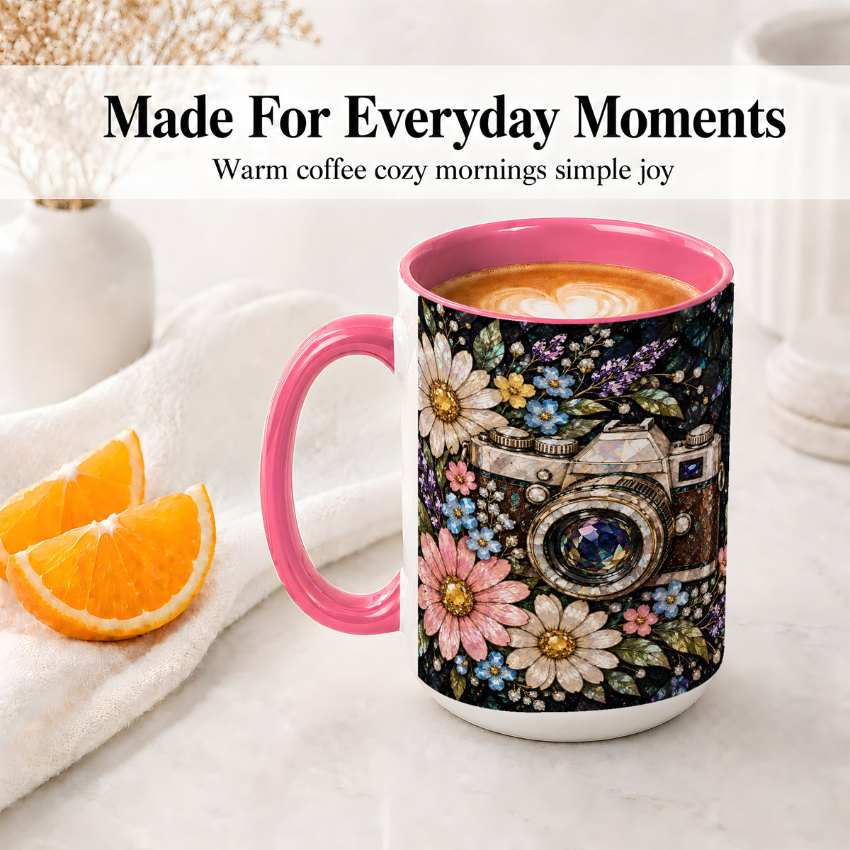 #pl[15oz|Pink] Floral Camera Ceramic Mug with Vintage Mosaic Flower Artwork