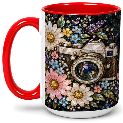 #pl[15oz|Red] Floral Camera Ceramic Mug with Vintage Mosaic Flower Artwork