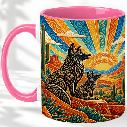 #pl[11oz|Pink] Southwest Coyote Ceramic Mug with Cactus and Desert Sunset Artwork