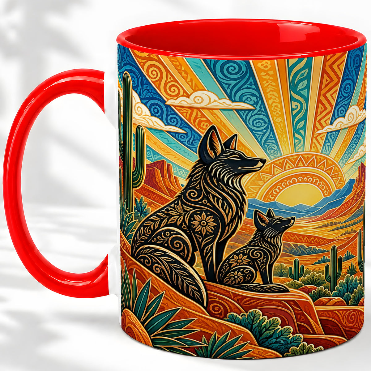Southwest Coyote Ceramic Mug with Cactus and Desert Sunset Artwork