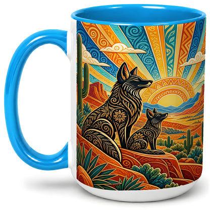 #pl[15oz|Blue] Southwest Coyote Ceramic Mug with Cactus and Desert Sunset Artwork