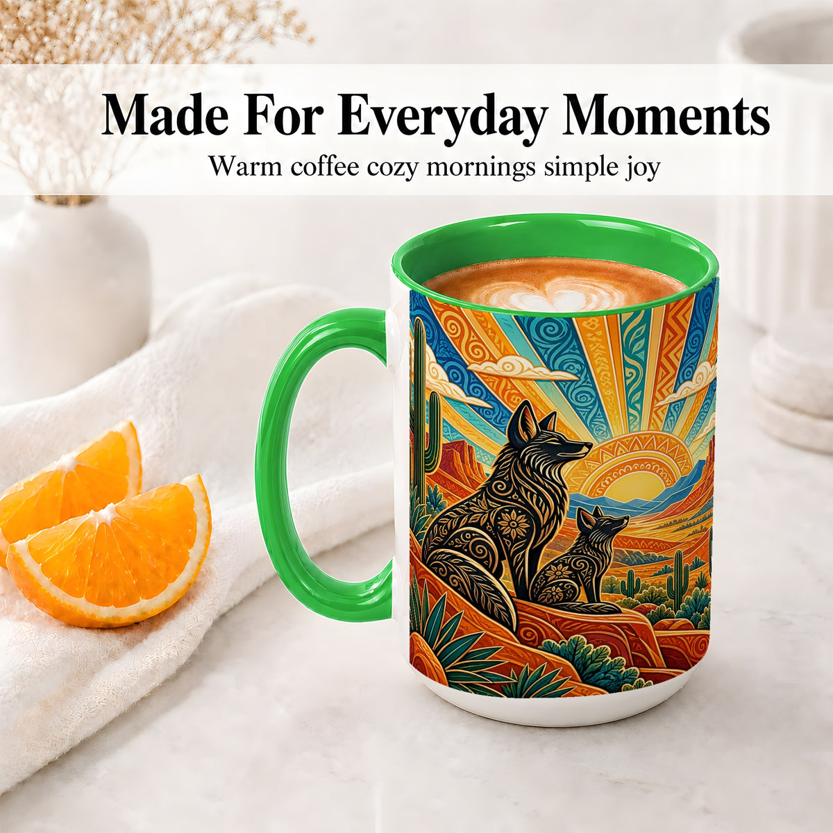 #pl[15oz|Green] Southwest Coyote Ceramic Mug with Cactus and Desert Sunset Artwork