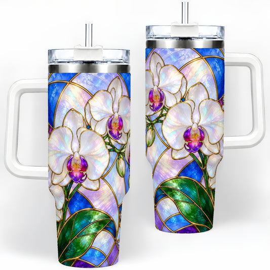 White Orchid 40oz Tumbler with Stained Glass Floral Artwork