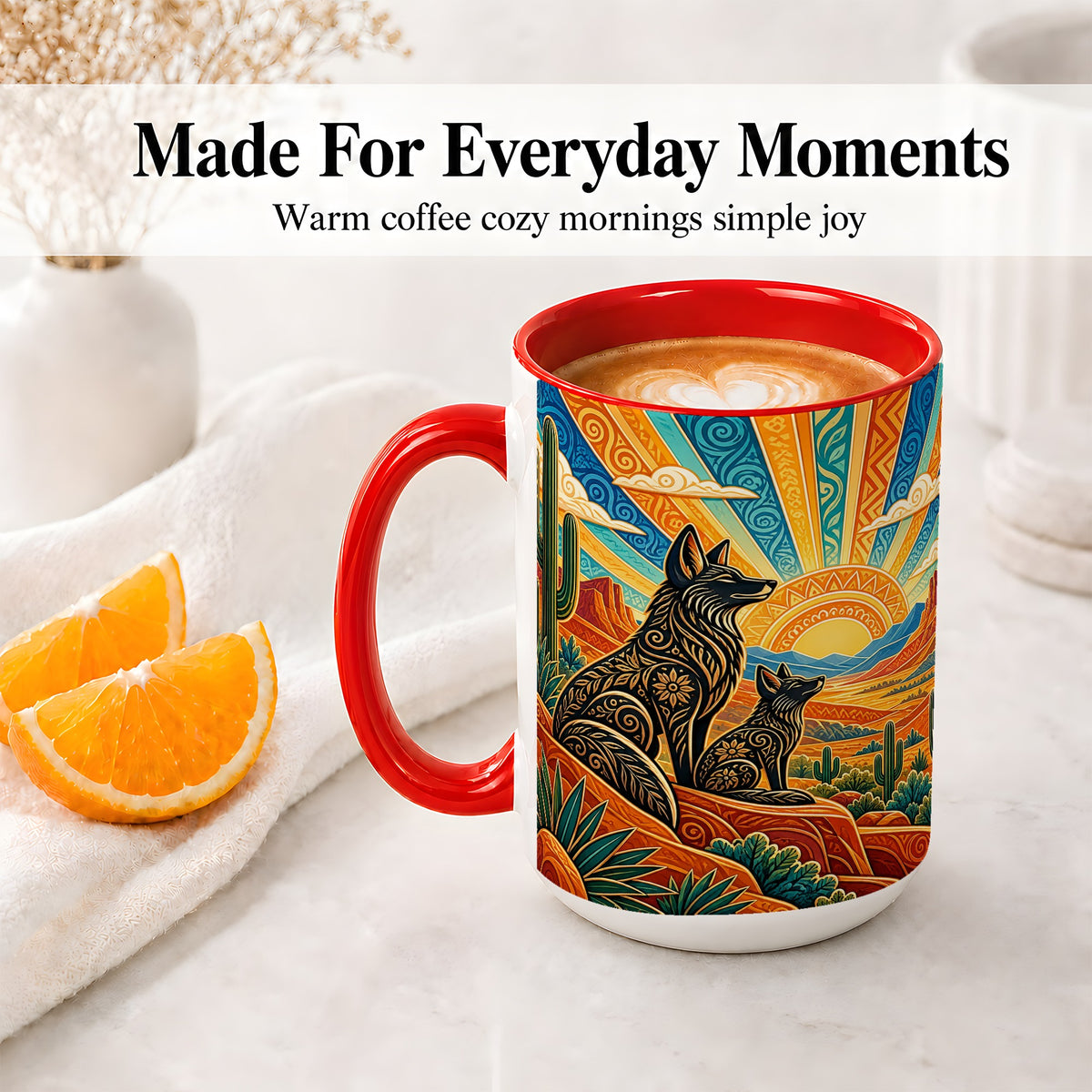 #pl[15oz|Red] Southwest Coyote Ceramic Mug with Cactus and Desert Sunset Artwork