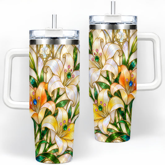 Jeweled Lily 40oz Tumbler with Stained Glass Floral Artwork