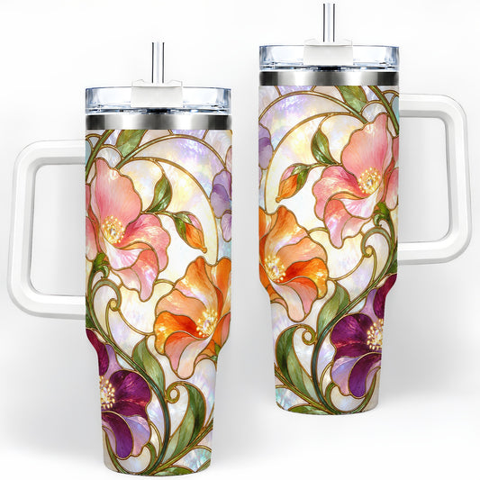 Colorful Trumpet Flowers 40oz Tumbler with Stained Glass Art
