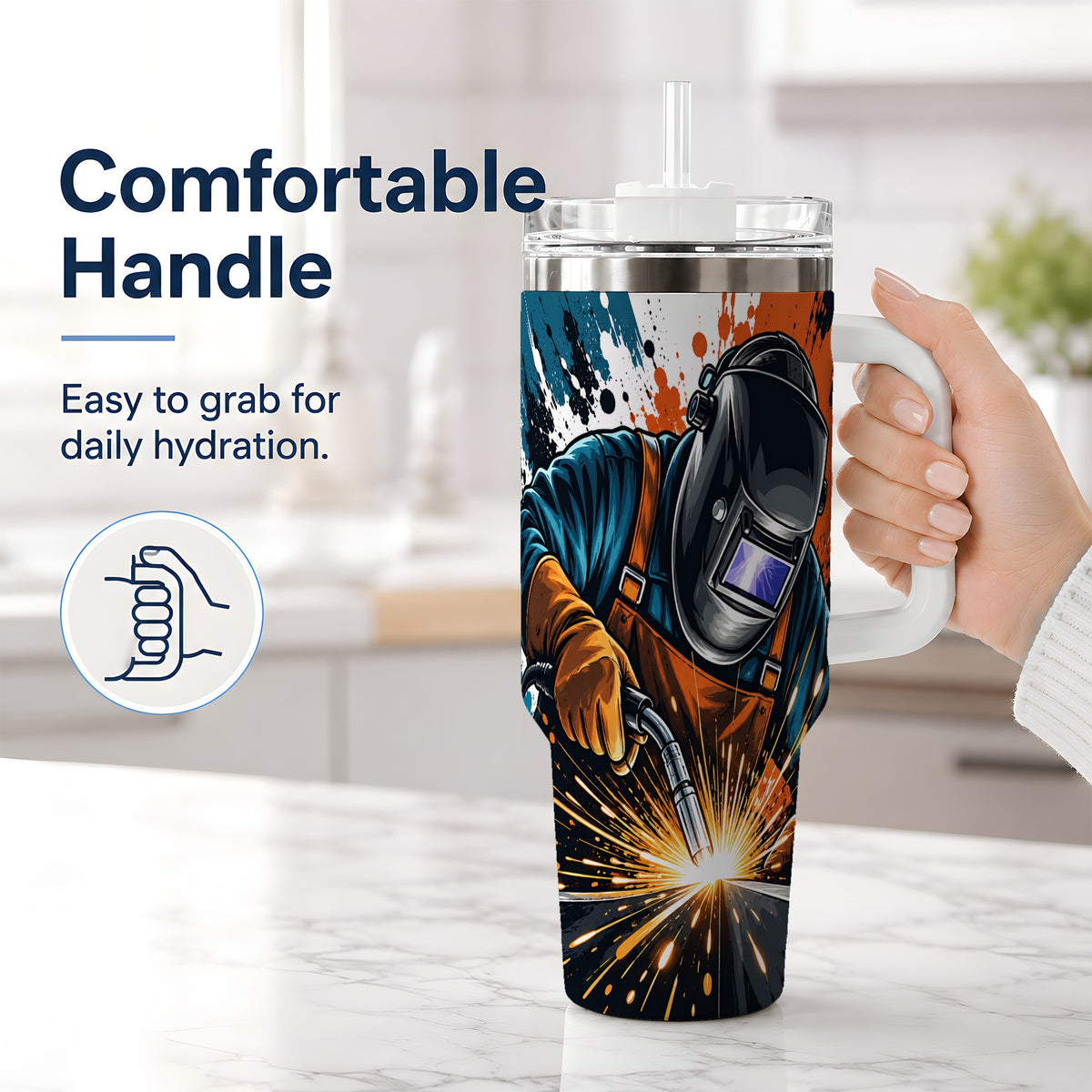 #pl[40oz|White] Welder 40oz Tumbler, Dynamic Welding Sparks Artwork for Welders
