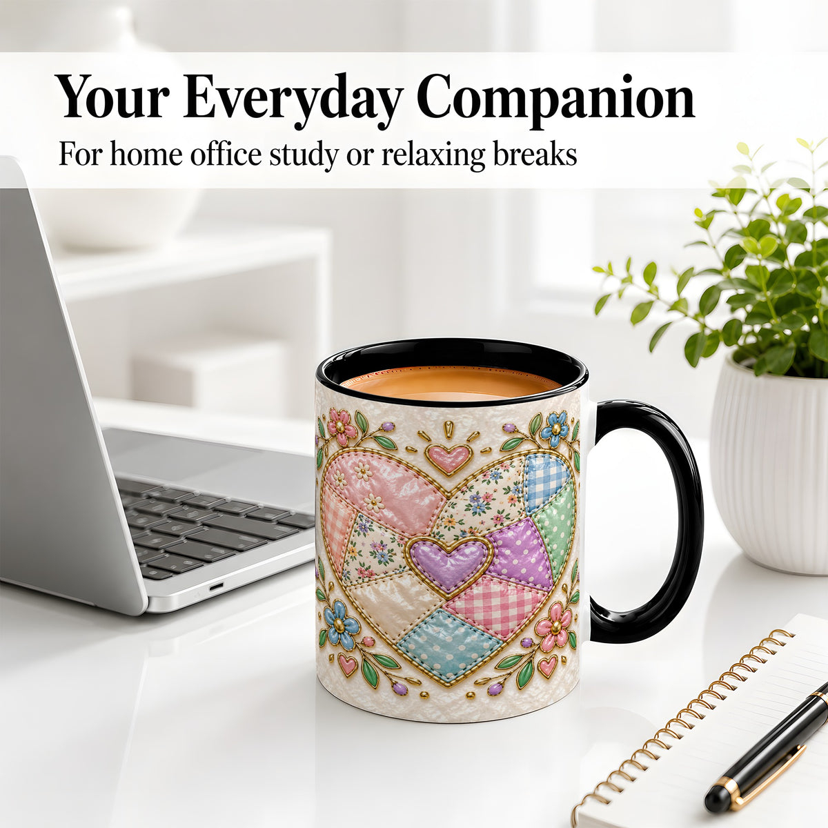 #pl[11oz|Black] Patchwork Heart Ceramic Mug with Floral Gingham Quilt Artwork