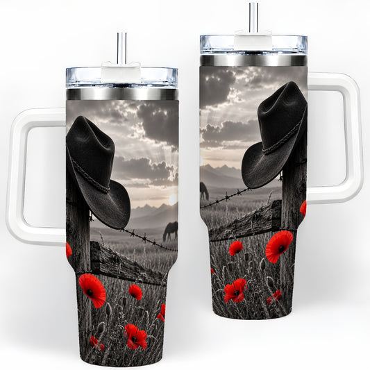 Western Cowboy 40oz Tumbler, Rustic Hat and Poppy Artwork for Western Fans