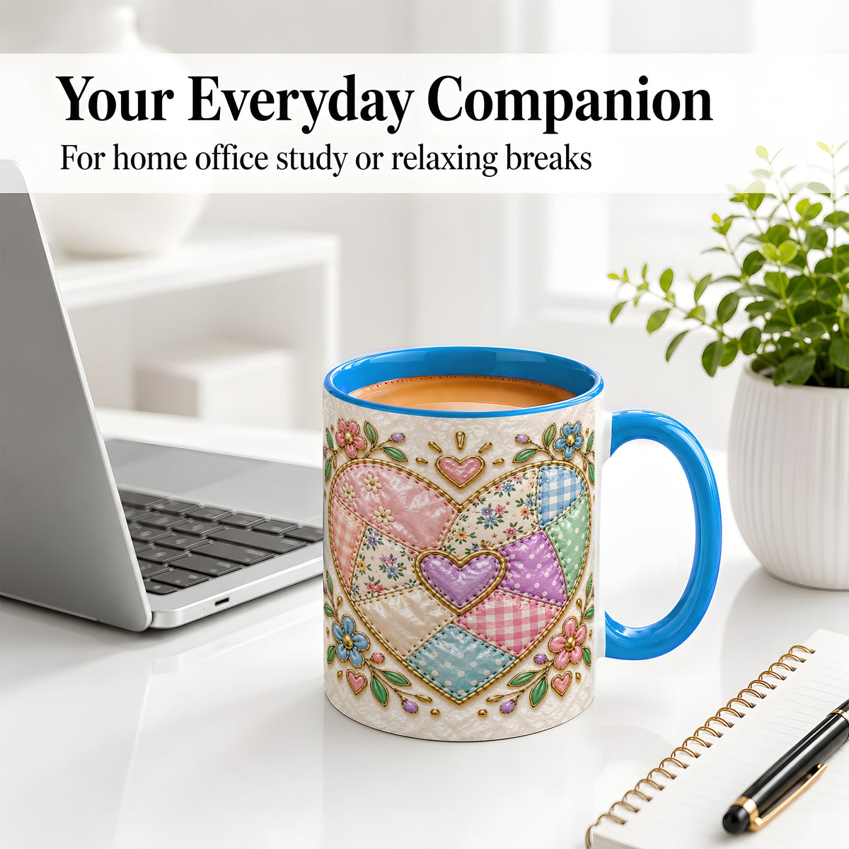 #pl[11oz|Blue] Patchwork Heart Ceramic Mug with Floral Gingham Quilt Artwork