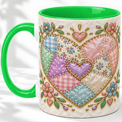 #pl[11oz|Green] Patchwork Heart Ceramic Mug with Floral Gingham Quilt Artwork