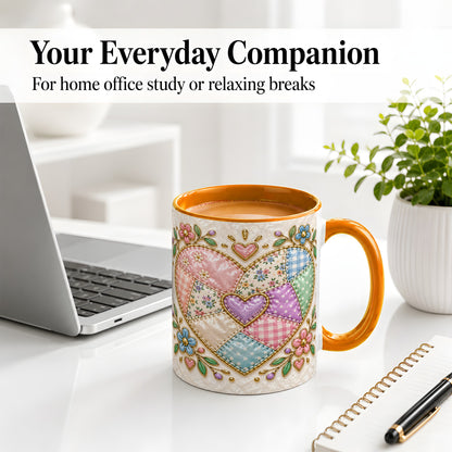 #pl[11oz|Orange] Patchwork Heart Ceramic Mug with Floral Gingham Quilt Artwork