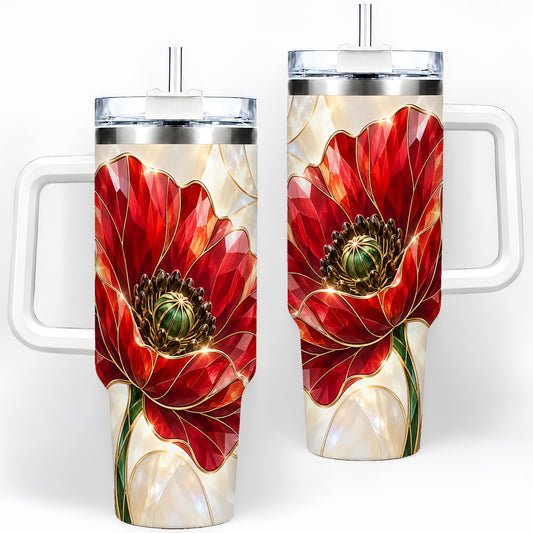 Red Poppy 40oz Tumbler, Faceted Floral Artwork for Flower Lovers