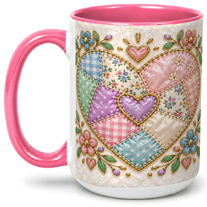 #pl[15oz|Pink] Patchwork Heart Ceramic Mug with Floral Gingham Quilt Artwork
