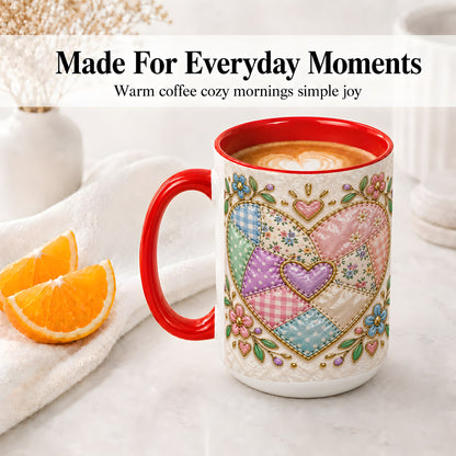 #pl[15oz|Red] Patchwork Heart Ceramic Mug with Floral Gingham Quilt Artwork